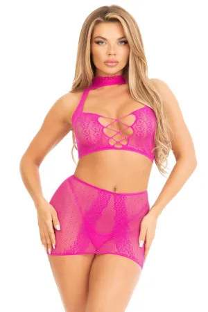 2 Piece Dotted Net & Lace Halter Top. Faux Lace-Up. Mini Skirt