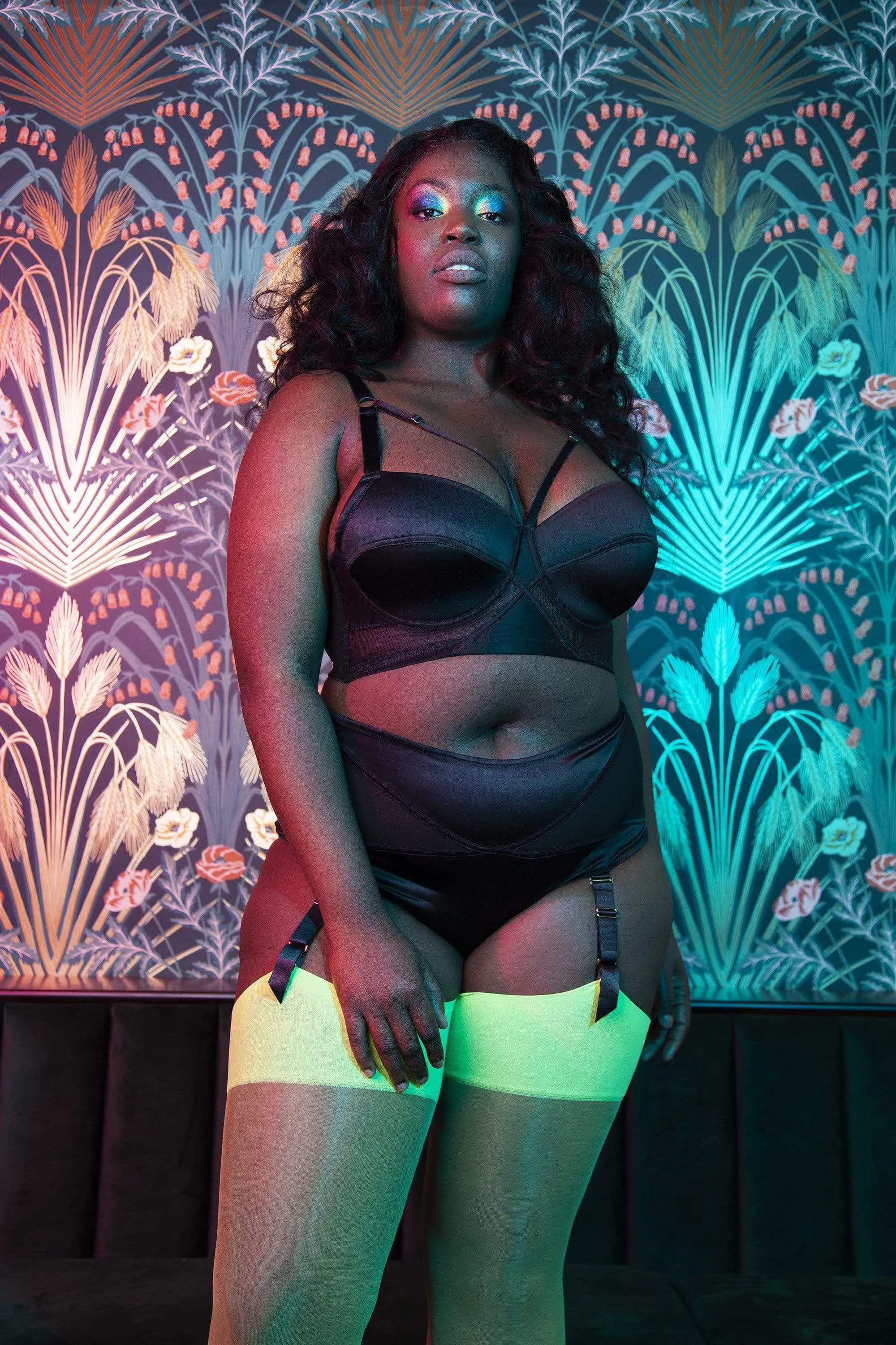 Aurora Black Mesh & Satin Crossover Longline Bra