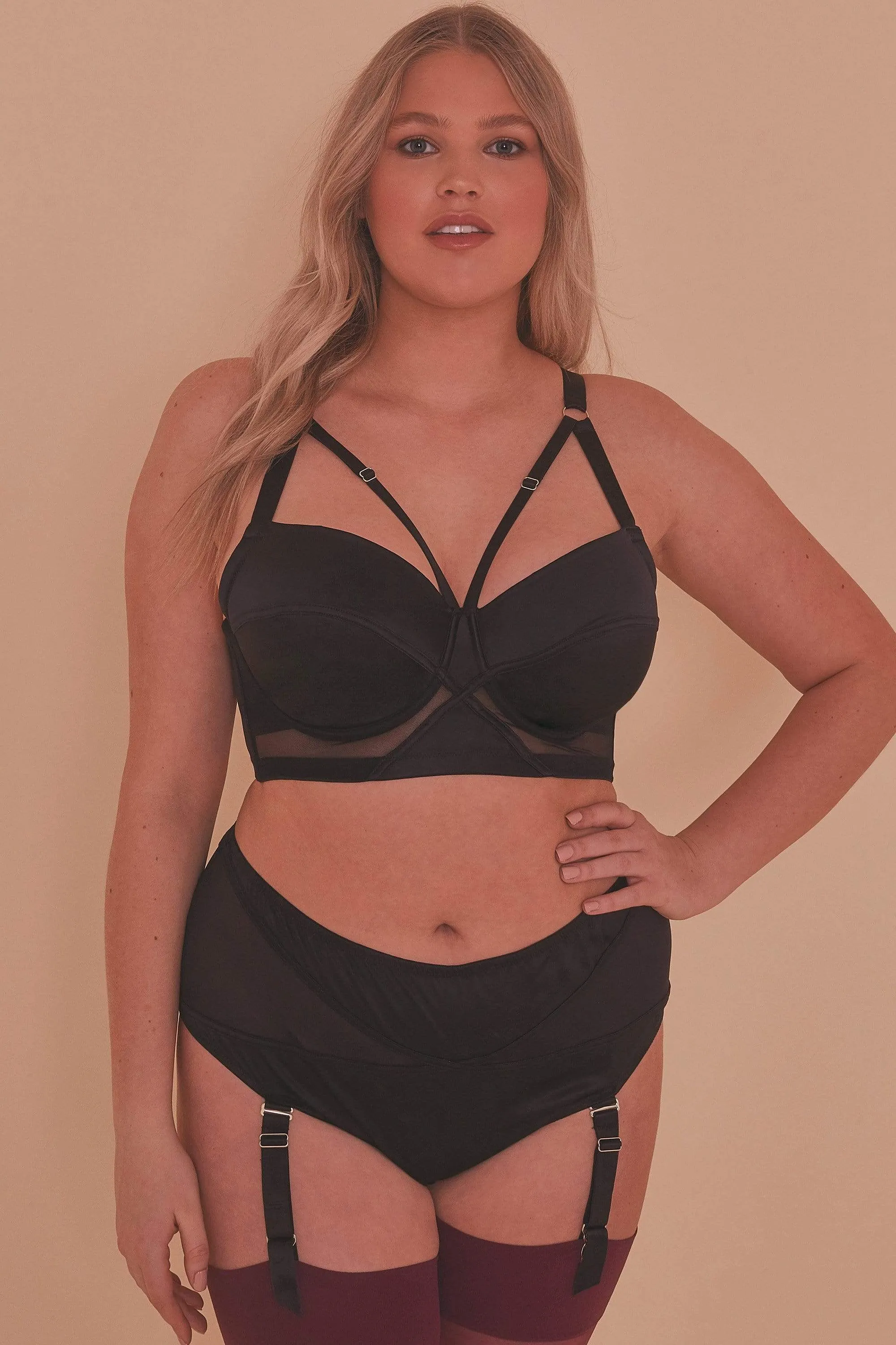 Aurora Black Mesh & Satin Crossover Longline Bra