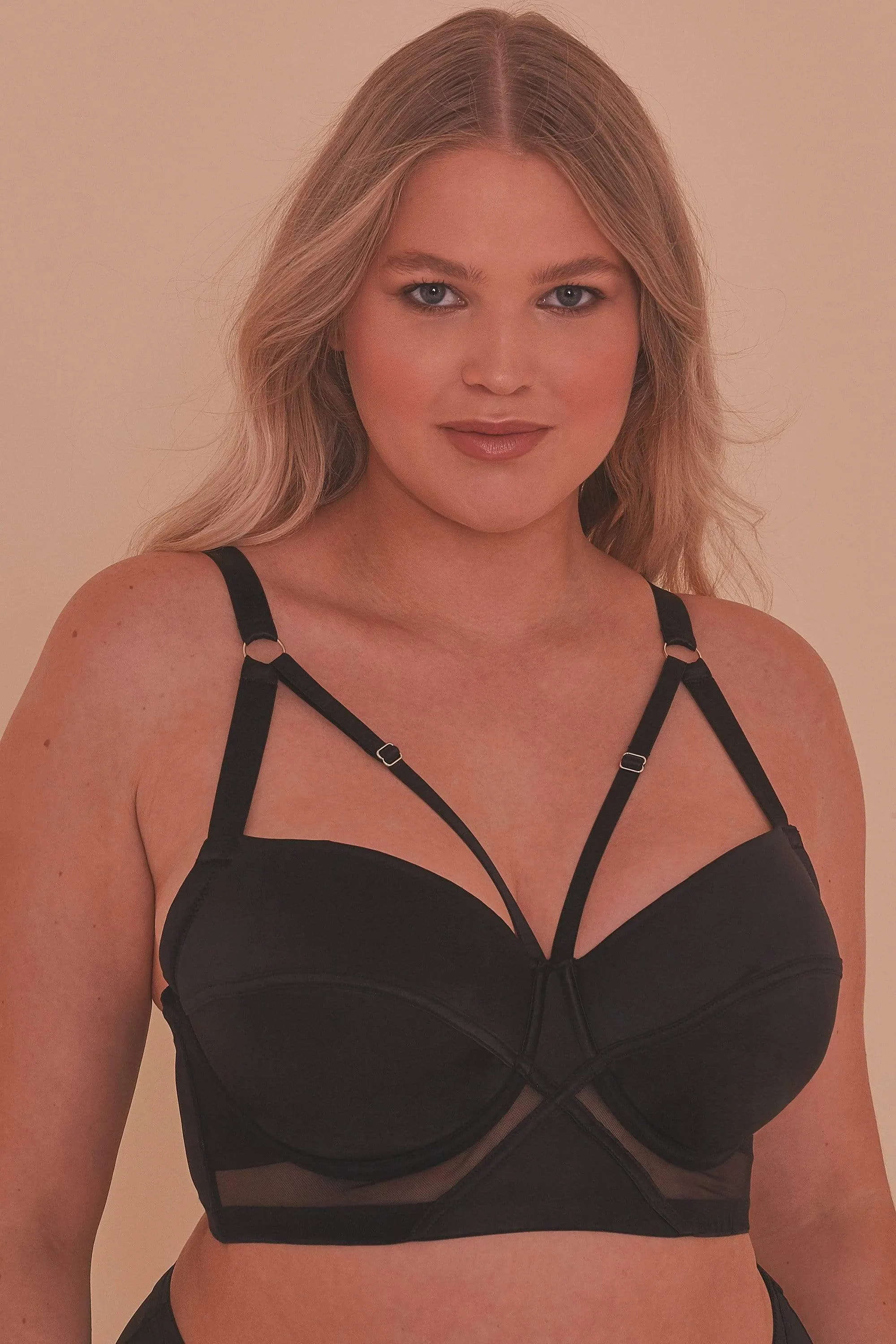 Aurora Black Mesh & Satin Crossover Longline Bra