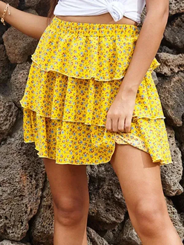 Elastic Floral Tiered Mini Skirt