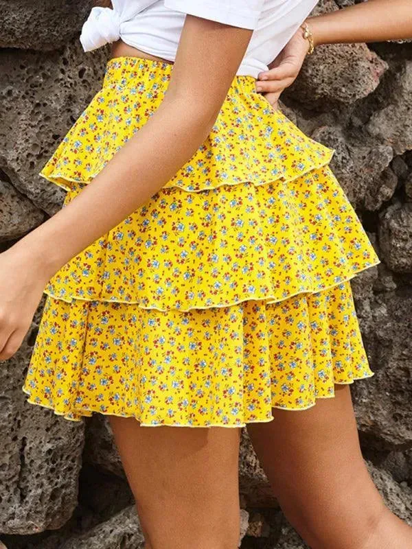 Elastic Floral Tiered Mini Skirt
