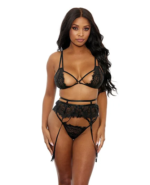 Eyelash Lace Bra. High Waist Garter Belt & G-string Black