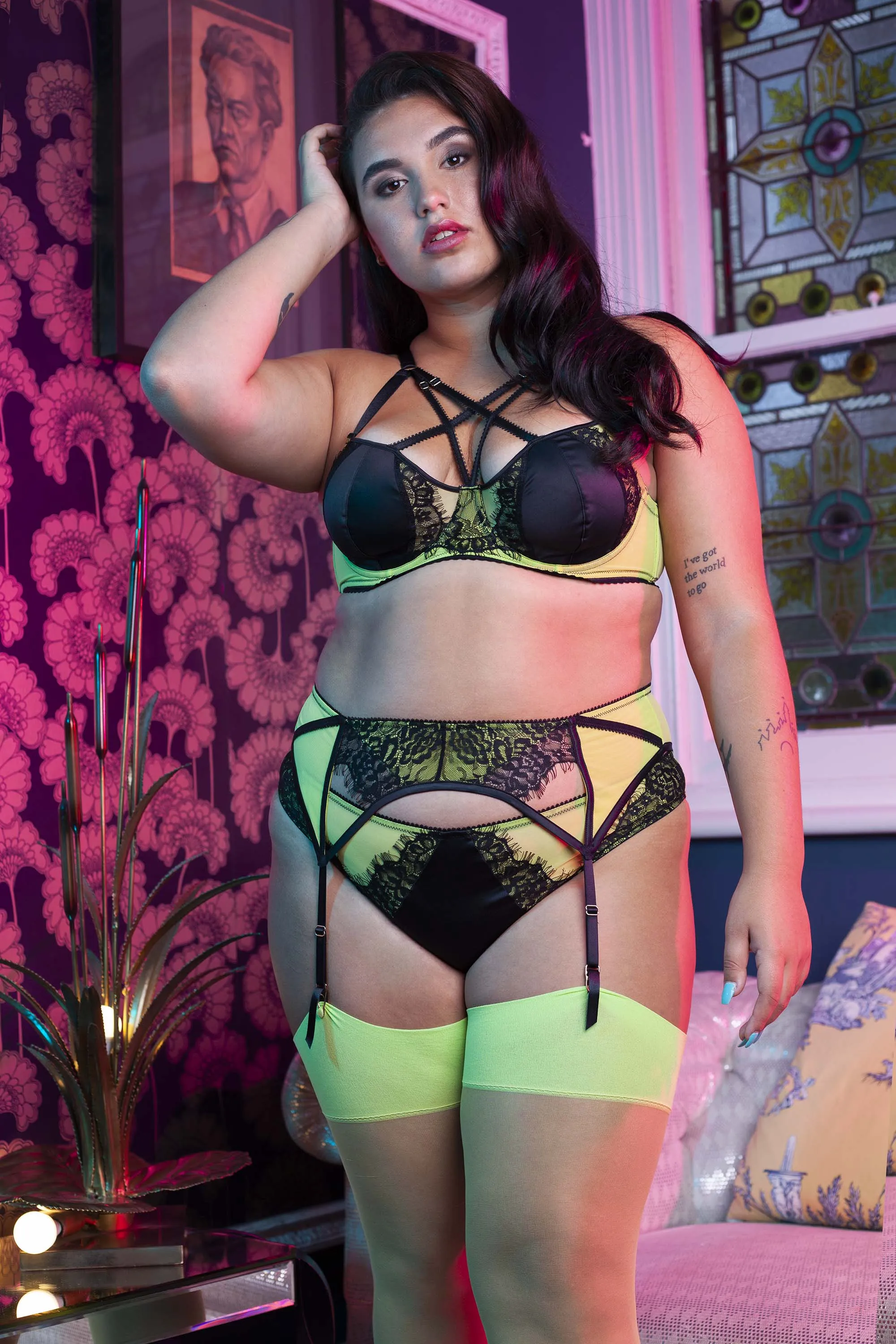 Indigo Lime Satin and Lace Picot Suspender