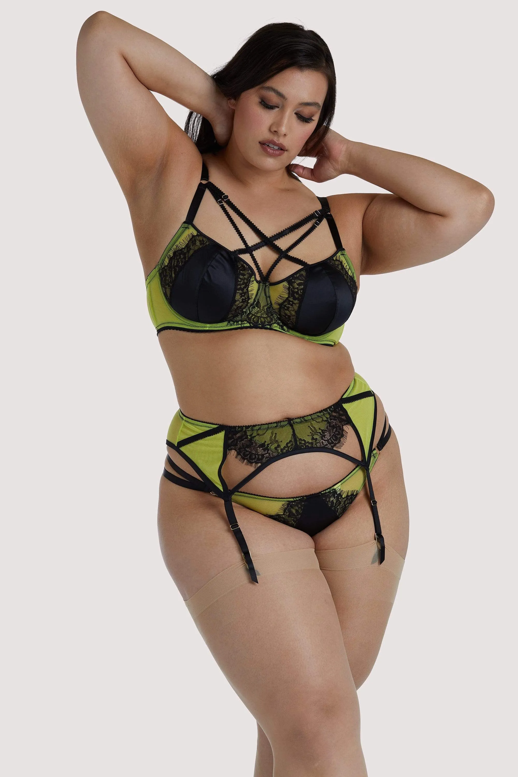 Indigo Lime Satin and Lace Picot Suspender