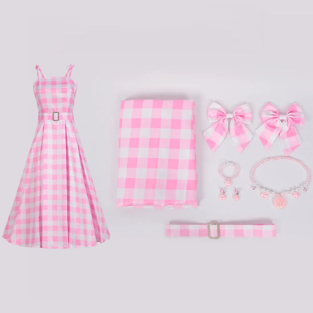 Pink Gingham Dress with Accessories