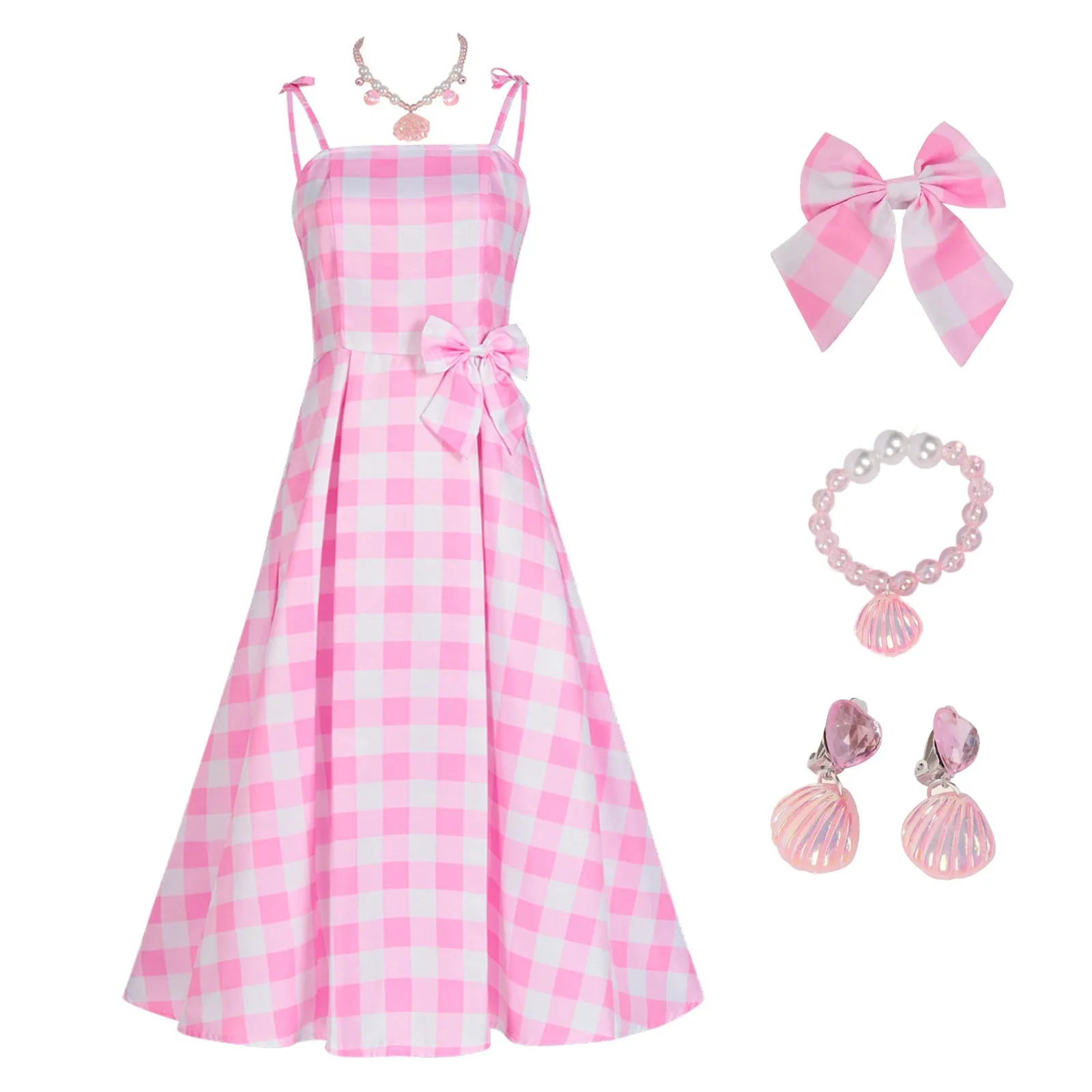 Pink Gingham Dress with Accessories