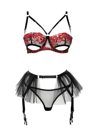 Rebecca Open Bra. Thong and Suspender (Black)