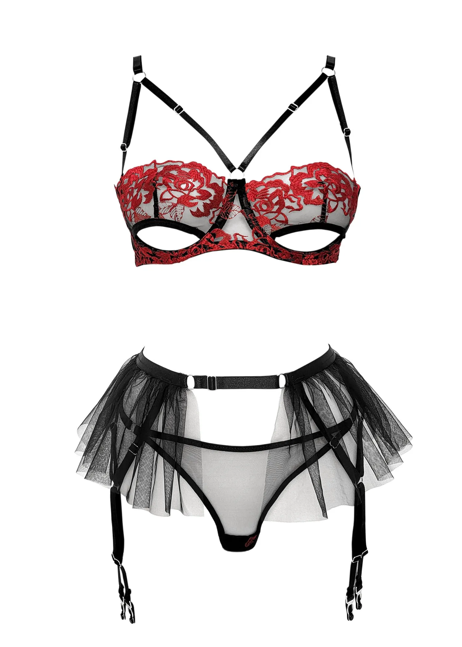 Rebecca Open Bra. Thong and Suspender (Black)