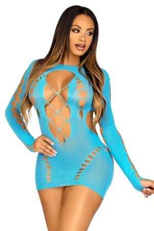 Seamless Cut-Out Long Sleeve Mini Dress. Faux Lace-Up