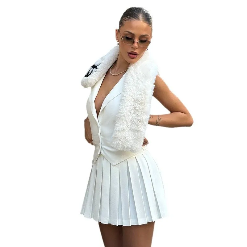 Vest High Waist Pleated Skirt Two-piece Set