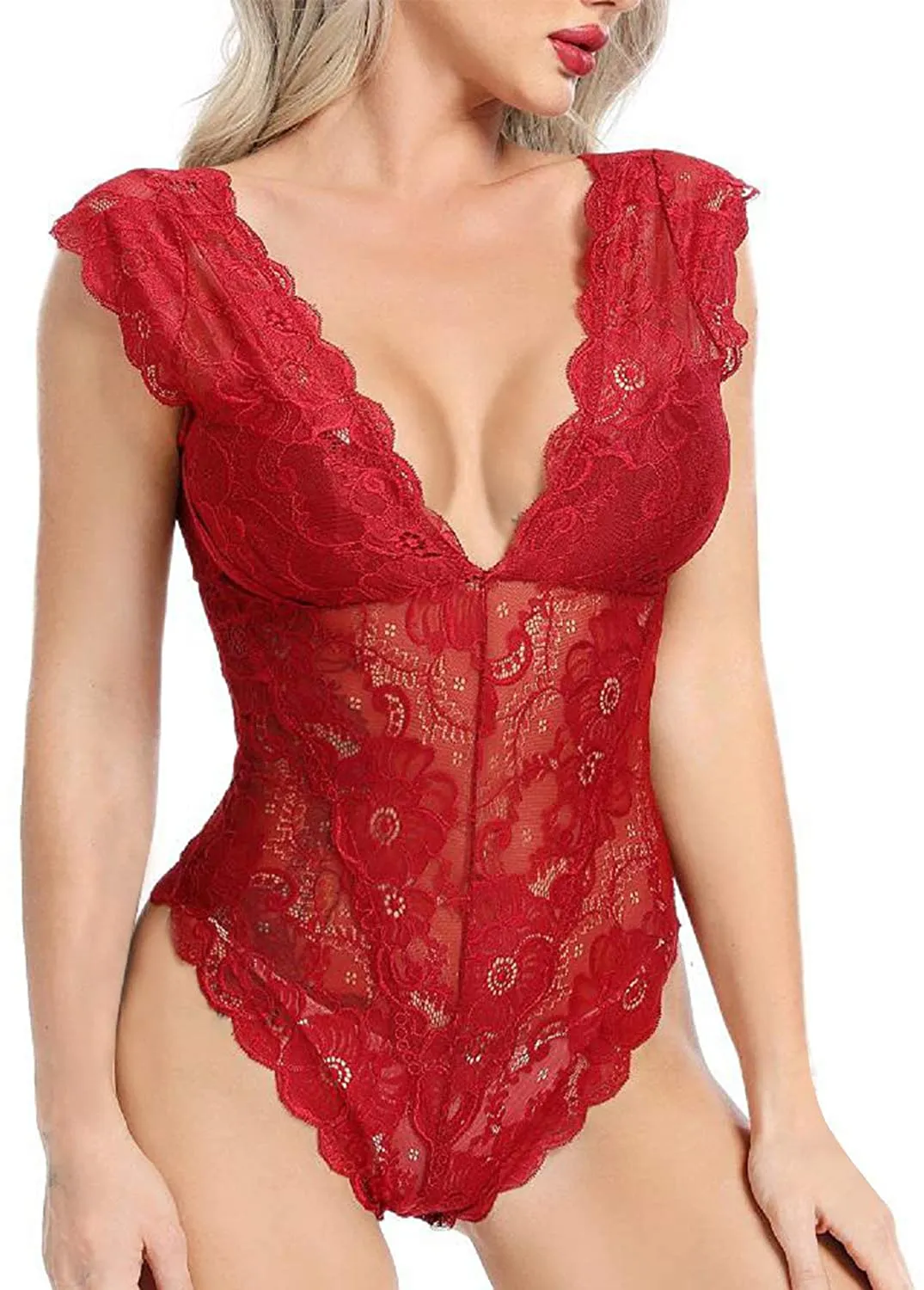 Women Open Low Back Teddy Sexy Cap Sleeve Scalloped Trim Lace Lingerie Lined Bra